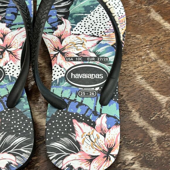 Havaianas Kids Flip Flops Floral Print Pink and Black Sandals Size 10 C / EUR 27 - Picture 3 of 4